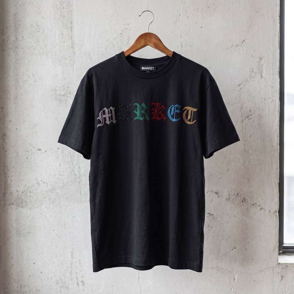 Market T-Shirt Size M Black Rhinestone Logo Spellout